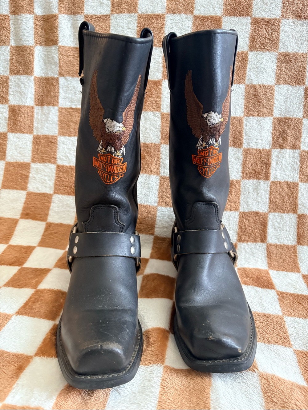 Vintage Harley-Davidson Black Leather Harness Boots with Brown Eagle Embroidery